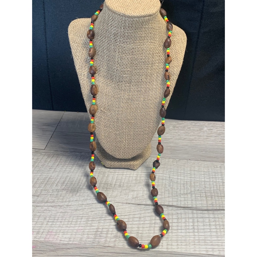 Handmade Rasta Seed Pod Beaded Necklace Red Yellow Green Boho Long 32 Inch